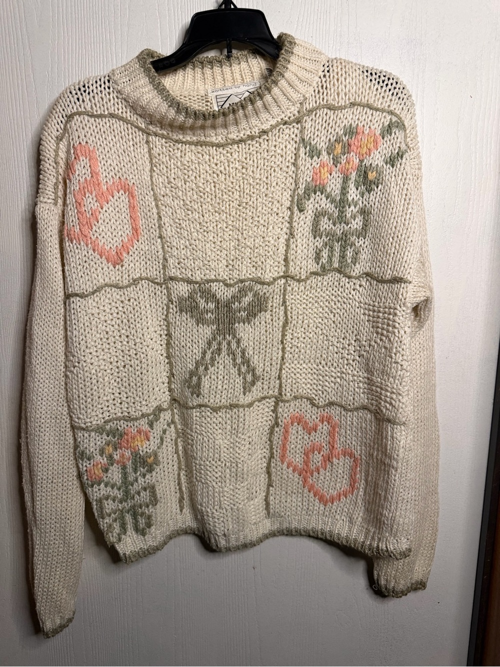 Vintage Cozy Cottagecore Cream Hand Knit Sweater with Pink/Sage 1990
